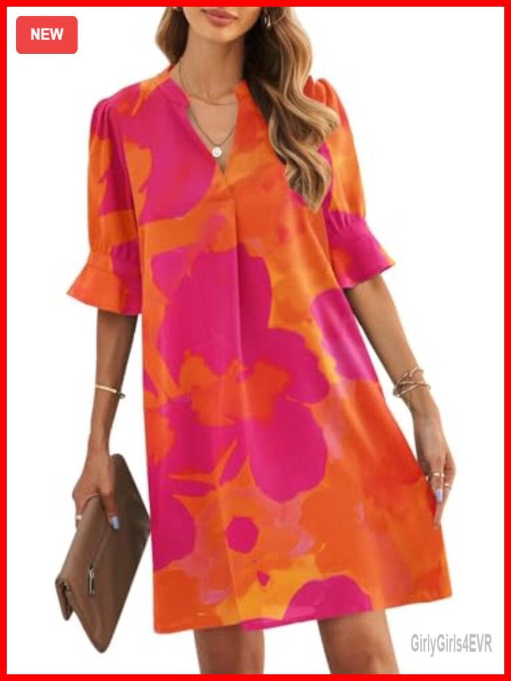 JOCAFIYE Womens Summer V-Neck Ruffle Sleeve Shift Dress Knee Length Polyester